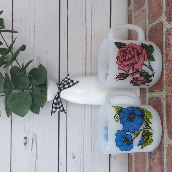 Vintage Glasbake Milk Glass Pink Rose and Blue Morning Glory Floral Pair of Mugs - Picture 1 of 15